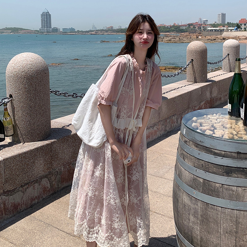 小清新刺繡蕾絲罩衫疊穿粉色連衣裙女夏法式甜美長裙圖片