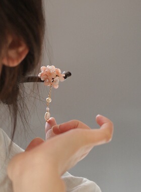 橙色木簪丸子头发饰发簪木质黑檀木高级感盘发头饰旗袍配流苏茶服