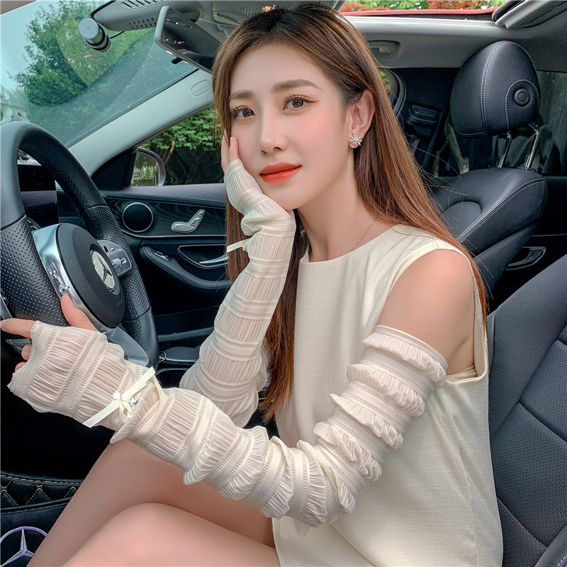 夏季户外骑车开车冰丝袖套珍珠蝴蝶结防晒袖套防晒冰袖蕾丝手套