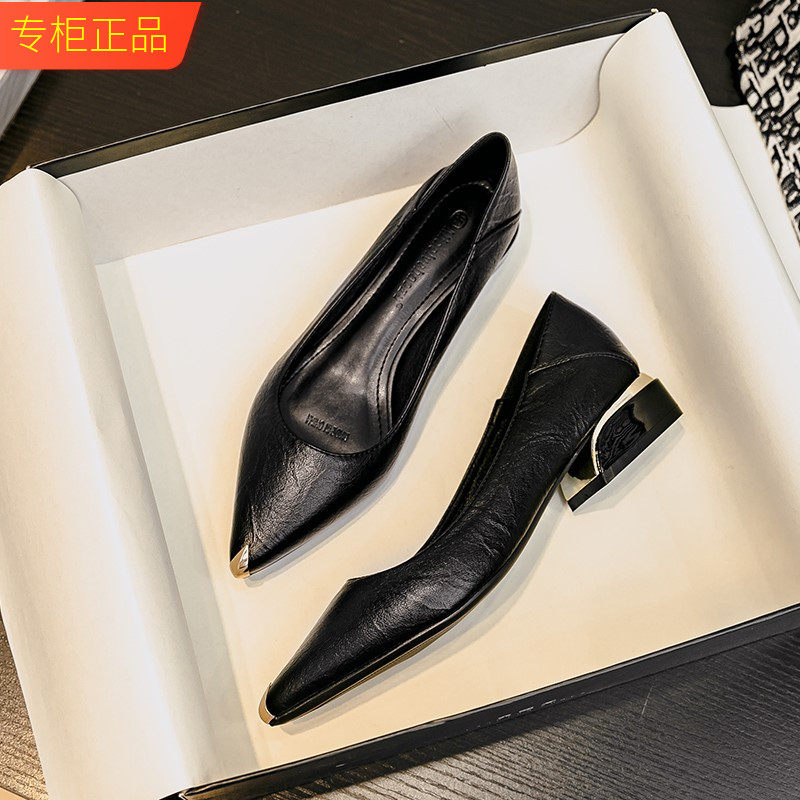 法国尖头单鞋女2024工装上班皮鞋粗跟不累脚女鞋软底职业工作鞋女