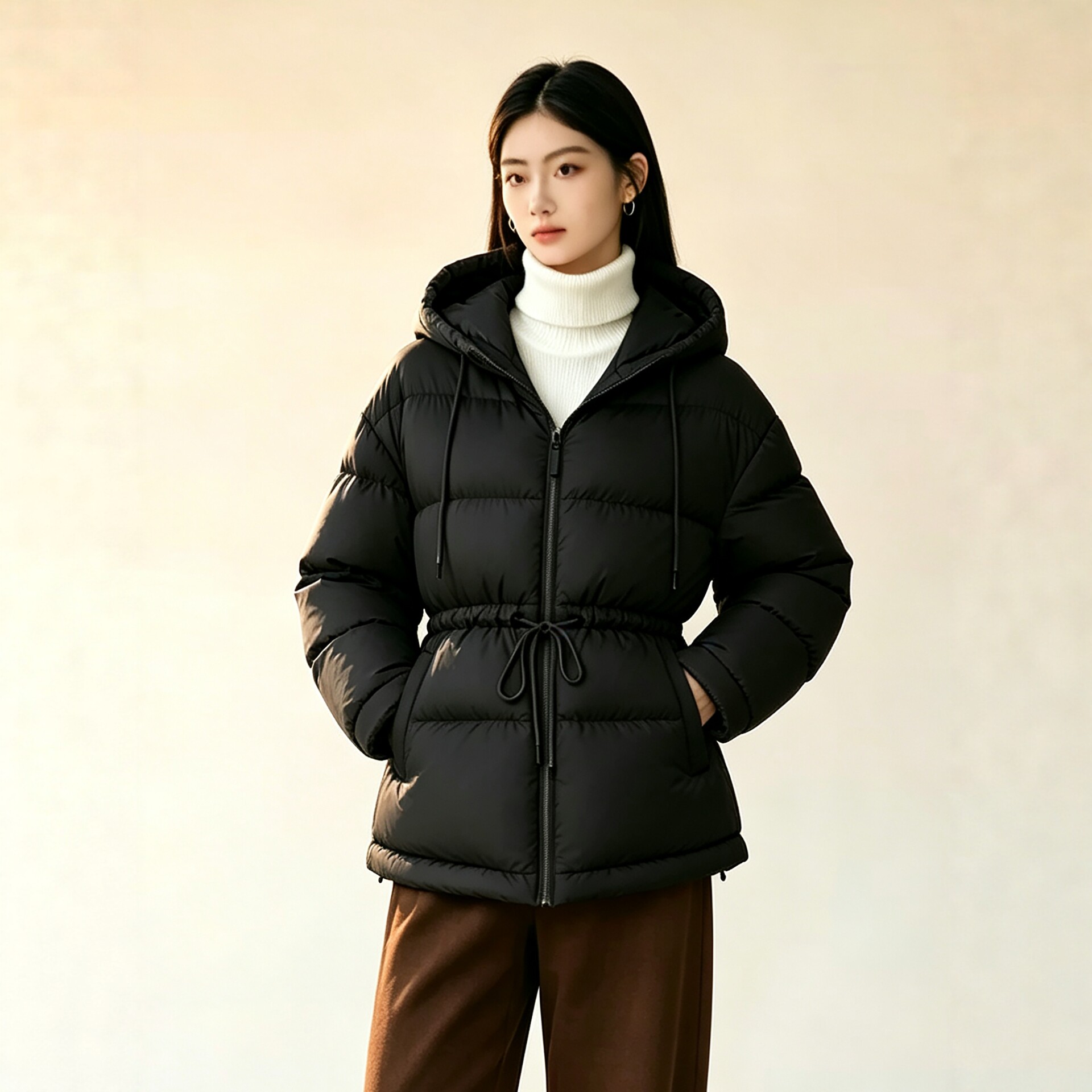 诗都奇束带收腰羽绒服女中长款2026新款泡芙鹅绒服加厚宽松外套冬