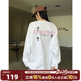 404MOB痞帅十字架印花重磅长袖 T恤男ins潮牌高街宽松休闲纯棉上衣