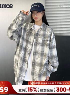 404MOB灰色薄款磨毛格子刺绣长袖衬衫高级感潮流百搭宽松男女外套