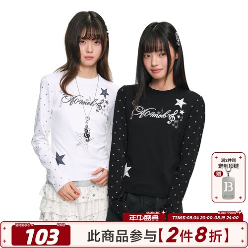 404MOB甜酷风波点烫钻长袖五角星贴布Y2K修身显瘦内搭长袖T恤打底
