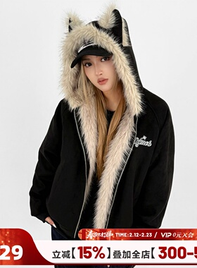 404MOB猫耳朵加绒连帽座山雕麂皮外套棉服女冬季新款保暖加厚棉袄