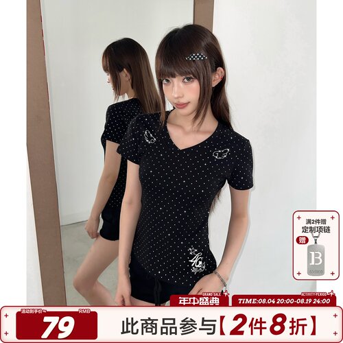 404MOB波点翅膀烫钻设计感V领修身短袖T恤女夏季显瘦收腰正肩上衣