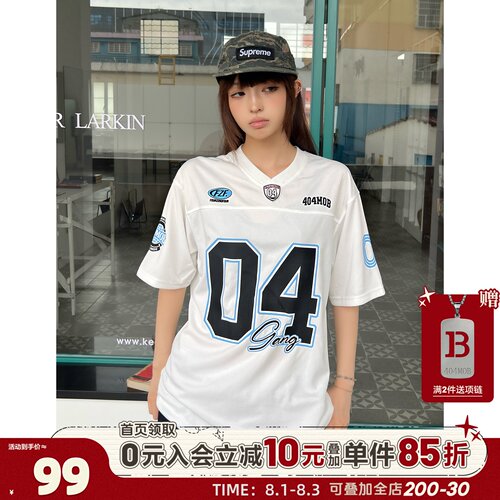 404MOB超透气球服美式徽章数字印花网眼镂空橄榄T恤V领百搭短袖男