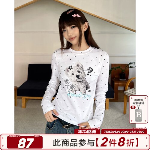 404MOB波点小狗印花修身长袖T恤女云感针织辣妹风圆领短款打底衫