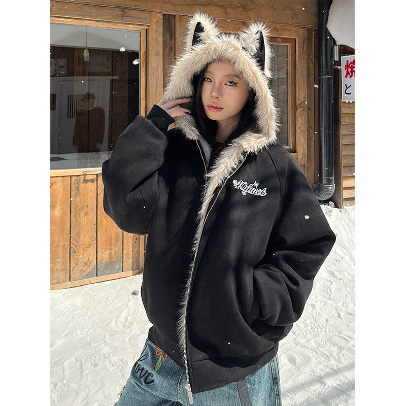 404MOB猫耳朵加绒连帽座山雕麂皮外套棉服女冬季新款保暖加厚棉袄,男装,夹克,淘宝优惠券,粉丝福利购,淘宝优惠卷