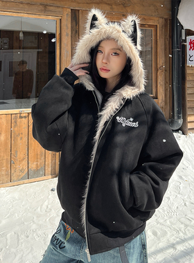 404MOB猫耳朵加绒连帽座山雕麂皮外套棉服女冬季新款保暖加厚棉袄