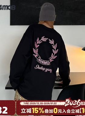 404MOB重磅男美式复古潮牌印花嘻哈休闲百搭上衣春秋圆领长袖t恤