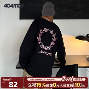 404MOB重磅男美式 t恤 复古潮牌印花嘻哈休闲百搭上衣春秋圆领长袖