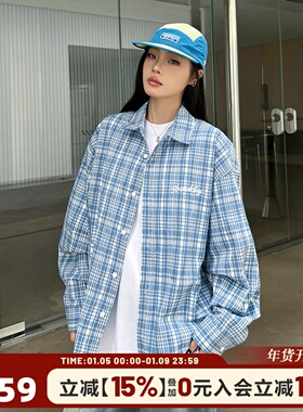 404MOB蓝色褶皱刺绣复古格纹长袖衬衫男薄款ins简约宽松潮流衬衣