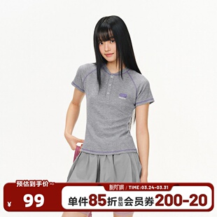 404MOB亨利领华夫格运动短袖 显瘦运动休闲上衣辣妹t T恤2026夏修身