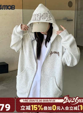 404MOB美式爪痕字母刺绣连帽开衫卫衣男重磅潮流厚款百搭休闲帽衫