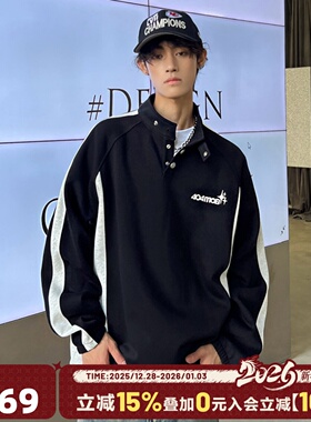 404MOB秋季国潮运动拼接刺绣立领polo卫衣男情侣百搭复古长袖上衣