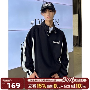 404MOB秋季 上衣 国潮运动拼接刺绣立领polo卫衣男情侣百搭复古长袖