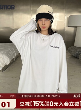 404MOB美式260g重磅潮流刺绣双面暖绒长袖t恤男女打底衫圆领内搭