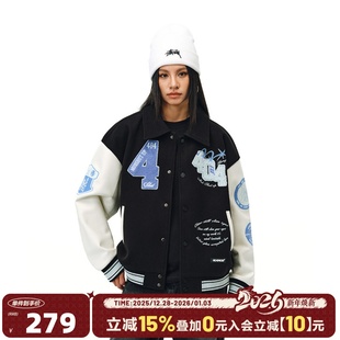 404MOB字母毛巾绣重磅秋冬棒球服外套男女款 潮牌拼接撞色夹克 美式