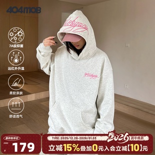 404MOB美式 秋冬厚外套上衣 复古花体字母刺绣连帽卫衣男女情侣帽衫