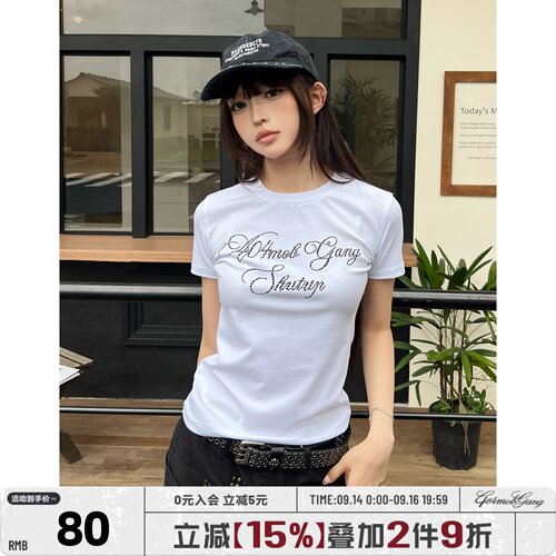 404MOB辣妹白色烫钻字母短袖T恤女2026新款正肩修身收腰短款上衣