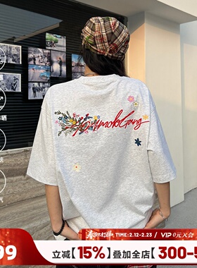 [徐艺洋同款]404MOB手写花卉刺绣短袖T恤男女款美式宽松凉感防晒t