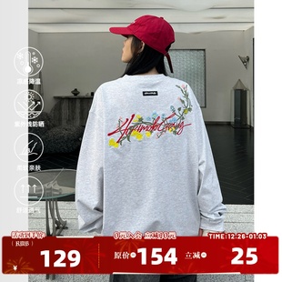 T恤男女美式 404MOB花卉刺绣长袖 宽松防晒圆领打底衫 章若楠同款