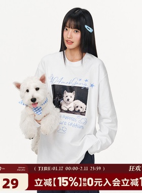 404MOB美式复古印花可爱小狗长袖T恤男女款2026春季圆领情侣上衣