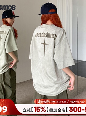 404MOB短袖t恤男夏新款美式复古刺绣重磅潮牌宽松麂皮绒半袖体恤