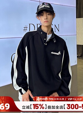 404MOB秋季国潮运动拼接刺绣立领polo卫衣男情侣百搭复古长袖上衣