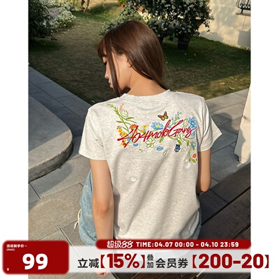 404MOB手写花卉刺绣宽松版正肩t
