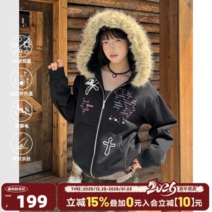 卫衣 加绒保暖连帽开衫 404MOB字母烫钻大毛领冬季 厚外套女2025短款