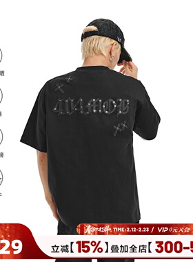 404MOB贴皮刺绣270g重磅复古短袖T恤男女款UPF50防晒凉感宽松上衣