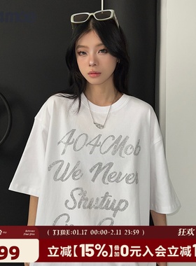 404MOB超火字母烫钻情侣落肩短袖T恤男女ins潮流宽松纯棉体恤上衣