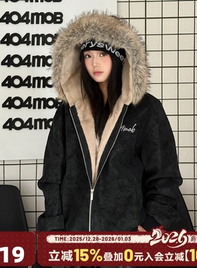 404MOB超厚软糯毛绒内里座山雕外套大毛领荔枝软皮保暖连帽棉衣冬