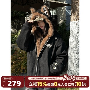 404MOB豹纹猫耳加绒连帽座山雕麂皮外套棉服女冬季 保暖厚毛领棉袄