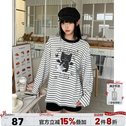 404MOB恶魔猫咪印花条纹长袖T恤女轻亚风小众复古灰调宽松打底衫