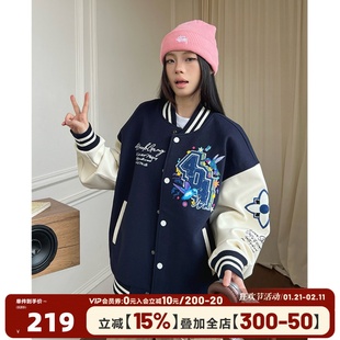 404MOB蜂鸟刺绣重磅秋冬棒球服外套男女潮牌宽松厚款情侣飞行夹克