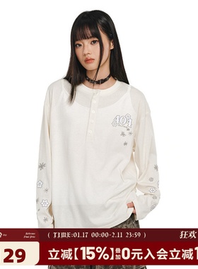 404MOB亨利领纽扣防晒罩衫女2026春夏慵懒感休闲宽松刺绣长袖T恤