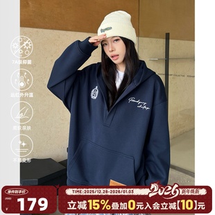 404MOB美式 休闲宽松情侣上衣外套 刺绣大V领设计连帽卫衣秋冬新款