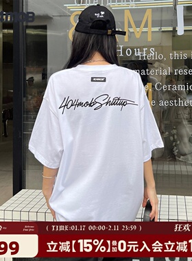 404MOB花体印花LOGO短袖T恤国潮宽松复古情侣半袖美式高街圆领男