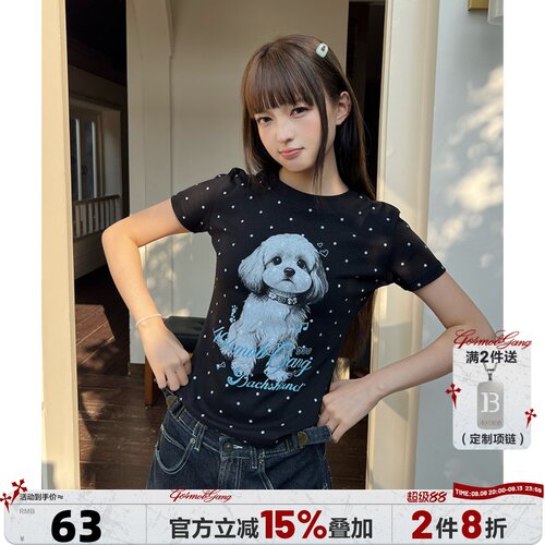 404MOB波点印花小狗短袖T恤女