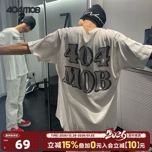 404MOB超火烫钻水钻LOGO情侣落肩体恤上衣ins潮流宽松短袖 T恤男女