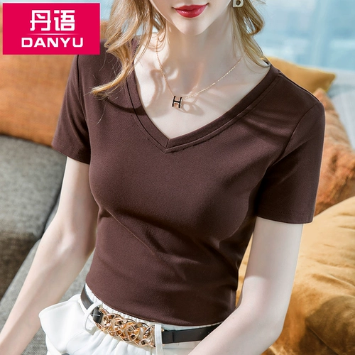 Футболка с коротким рукавом, летняя хлопковая летняя одежда, V-образный вырез, в корейском стиле