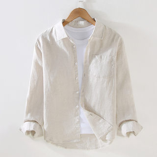 亚麻衬衫男夏季薄款休闲男士大码棉麻长袖纯色衬衣白色宽松外套潮