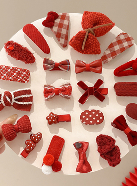 可爱新年红色蝴蝶结全包布发夹儿童女刘海碎发发卡女童侧边夹头饰