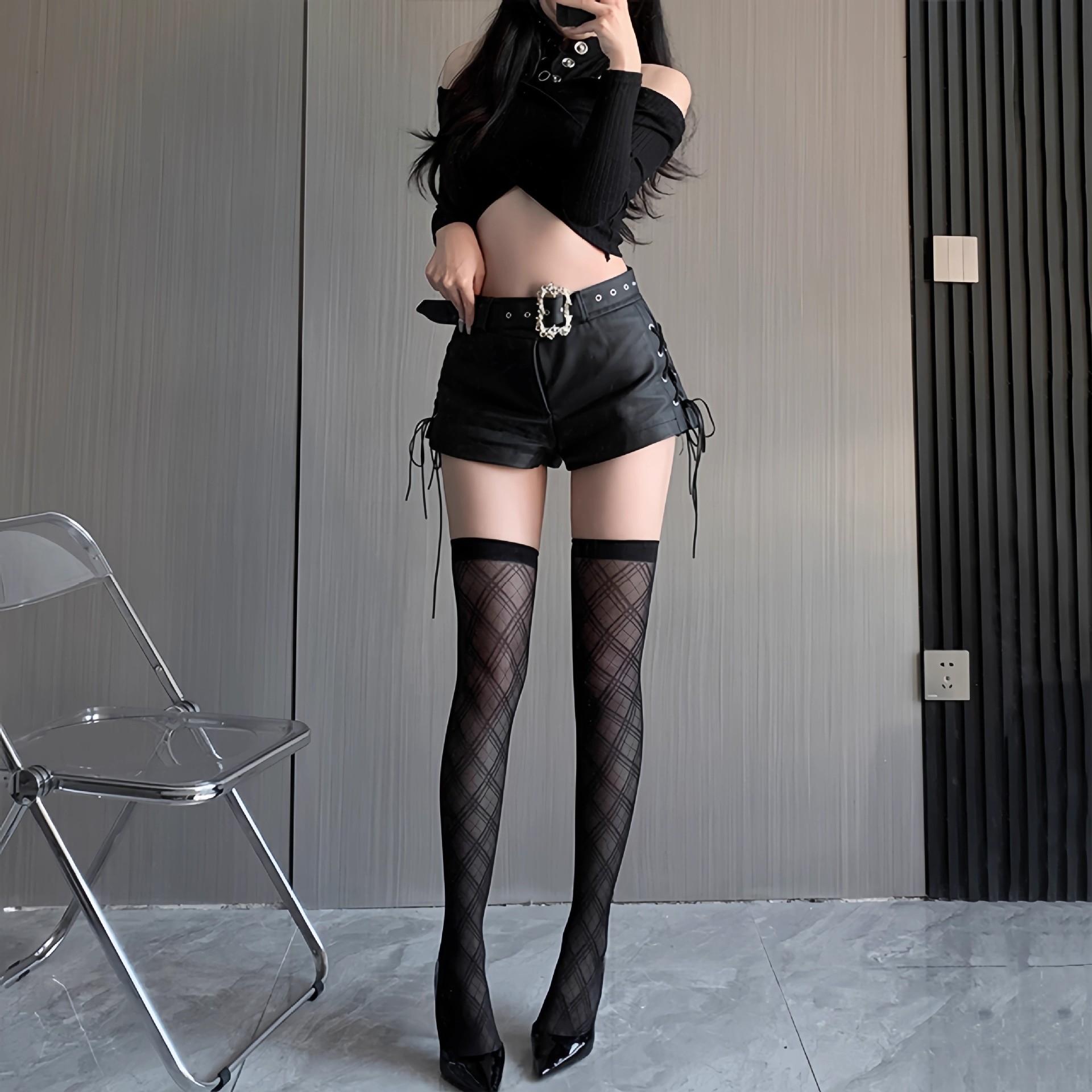 性感菱格暗纹宽边大腿袜纯欲显瘦长筒过膝袜日系jk菱格中筒黑丝袜