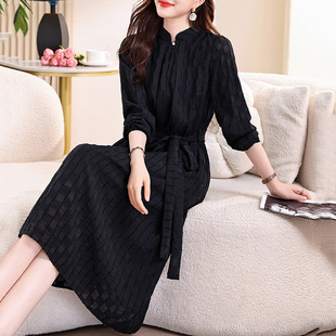 zm9857秋季长袖有里布口袋雪纺提花旗袍领系带腰2026中长款连衣裙