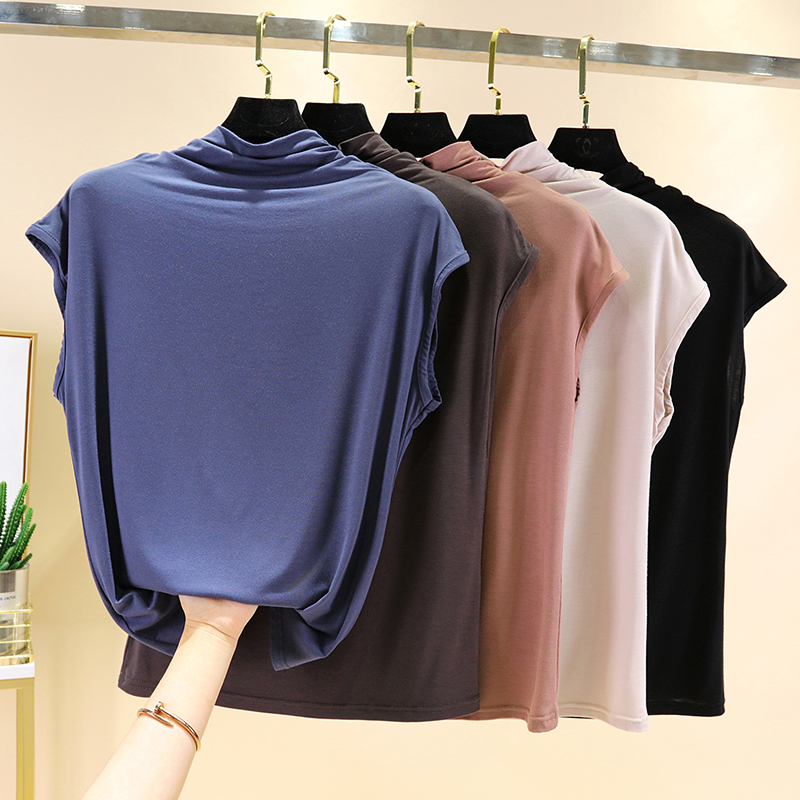 2021新款莫代尔半高领T恤女夏季薄款修身内搭上衣纯色百搭打底衫