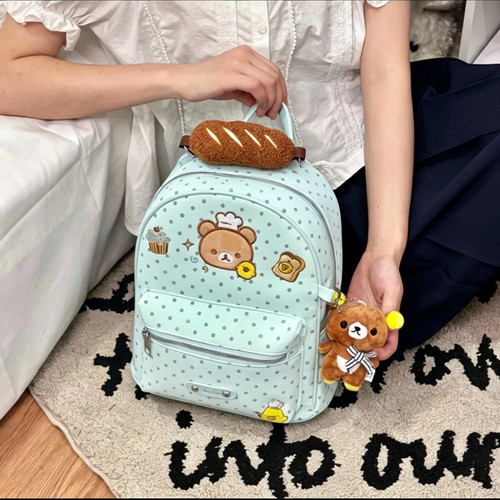 少女风可爱轻松熊双肩包女薄荷绿波点幼儿园小书包面包旅行小背包